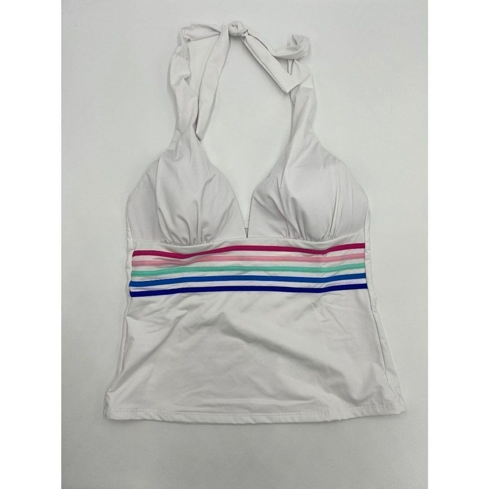 La Blanca Womens White Striped Halter Tankini Swim Top Multi Color Band 4 NEW - Picture 2 of 6